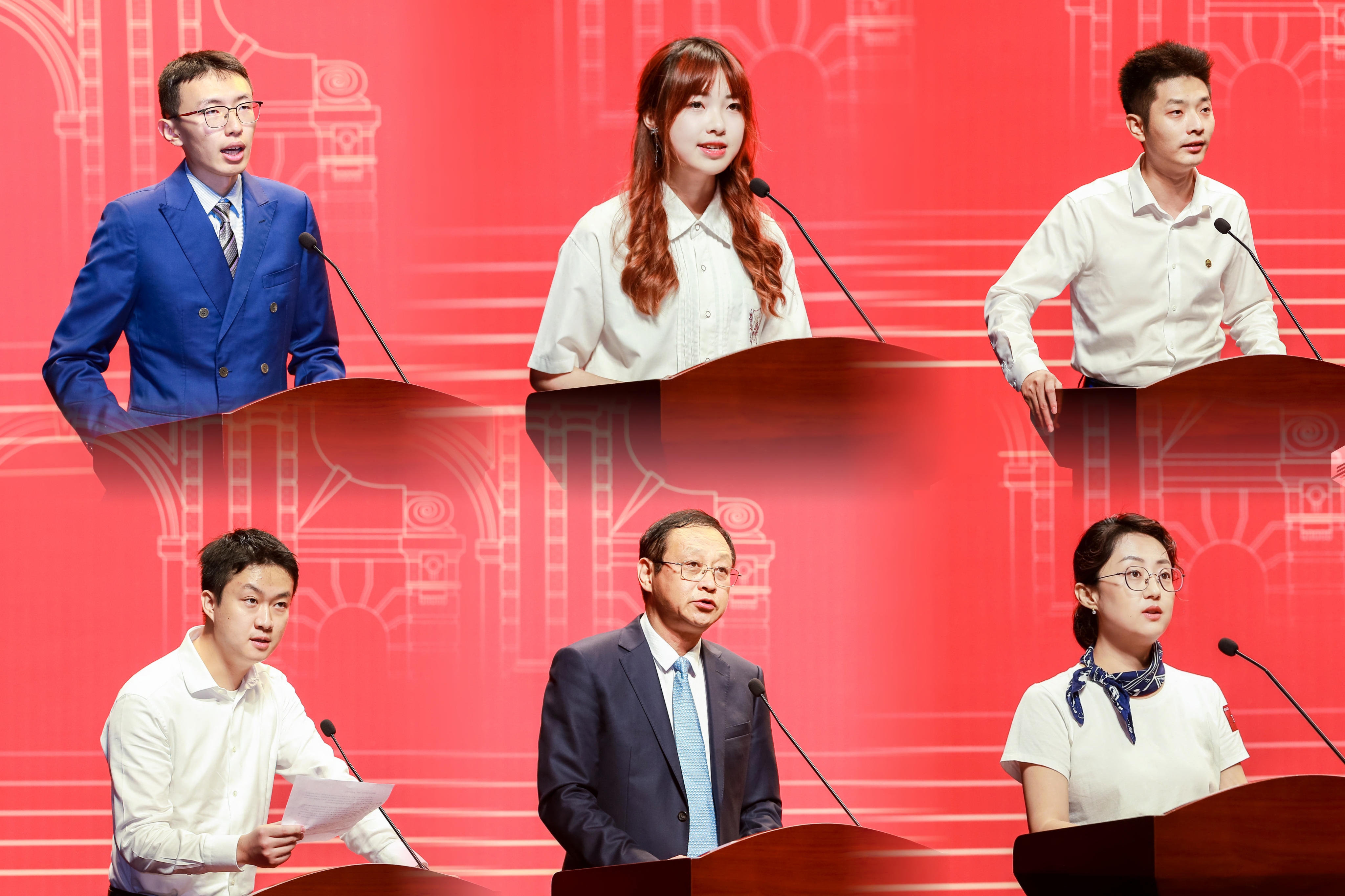 20240904-五道口金融学院2024年开学典礼举行-金融学院-图为朱容立、陈佳艺、刁严、黄新徽、李增群、丁静作为新生代表发言（从左至右、从上至下）.jpg